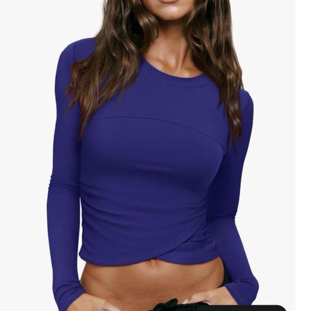 LASLULU Womens Sexy Crossover Crop Top Long Sleeve Workout Top